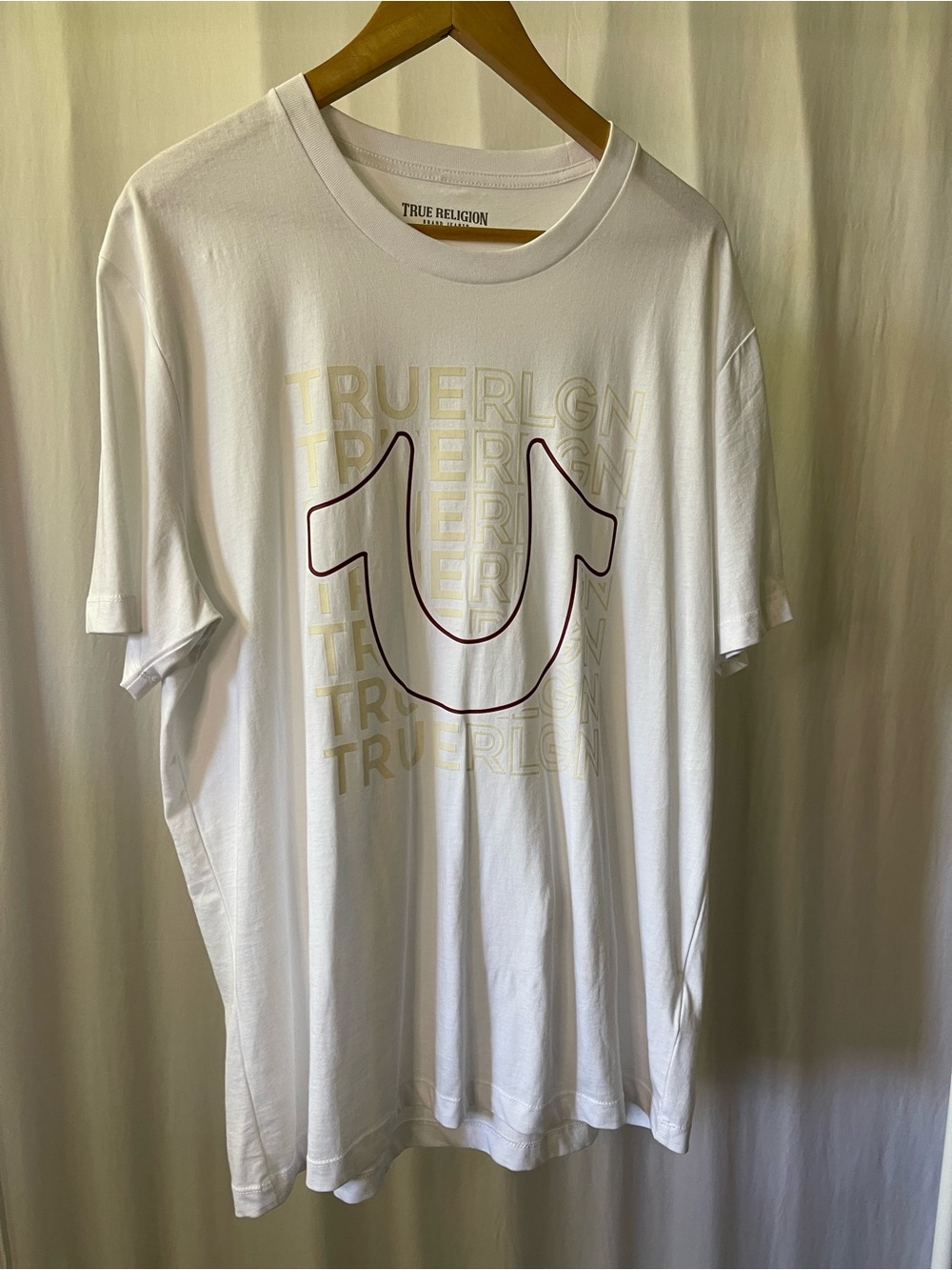 True Religion White Short-Sleeve Tee with Gold Print and Maroon Outline Logo